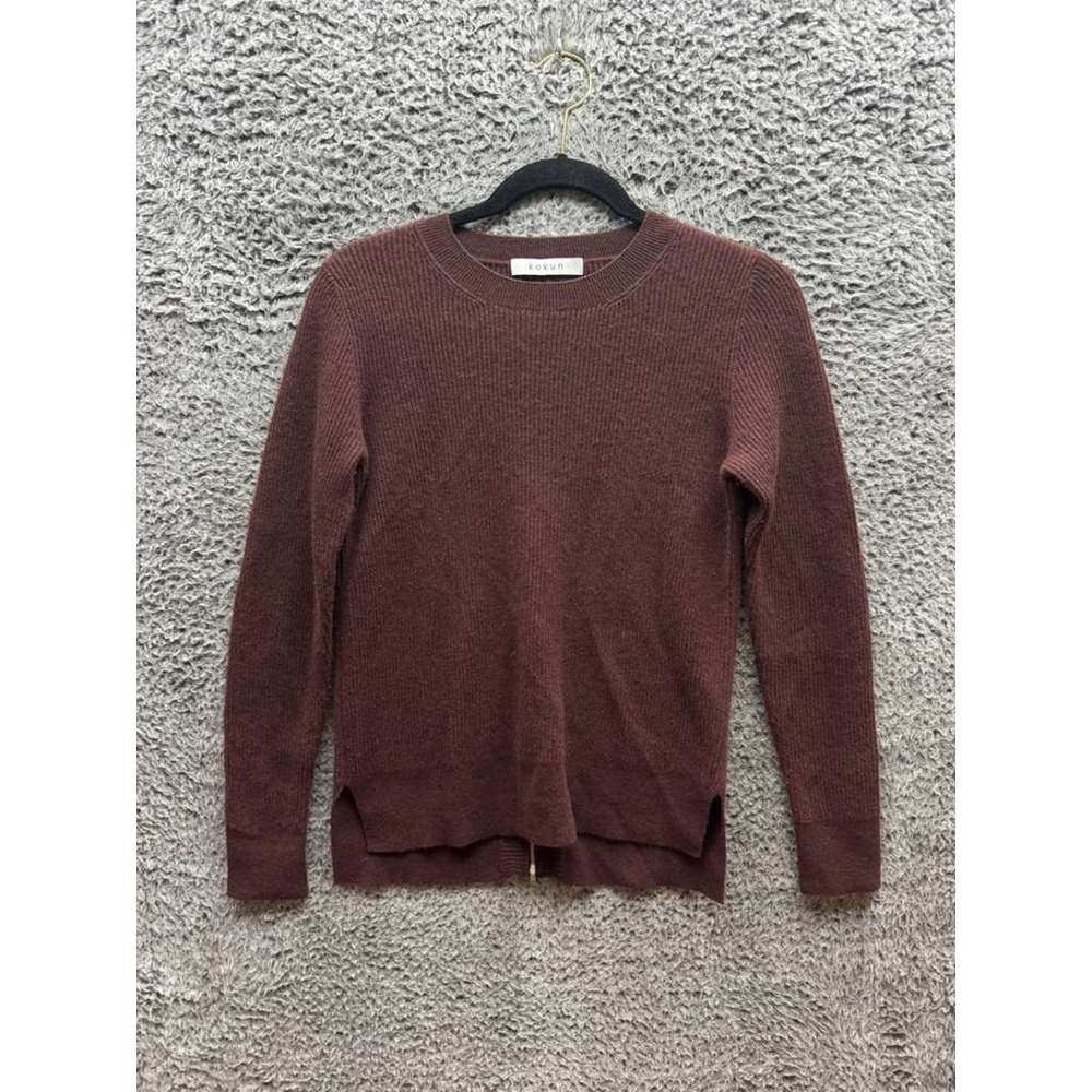 Kokun Cashmere Ribbed Knit‎ Back Zip Crew Neck Sweater Brown Womens Size XS